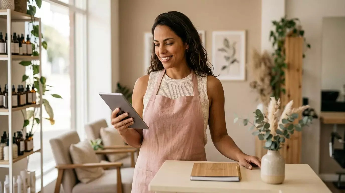 Dona de salão de beleza sorrindo enquanto confere a agenda no tablet na recepção